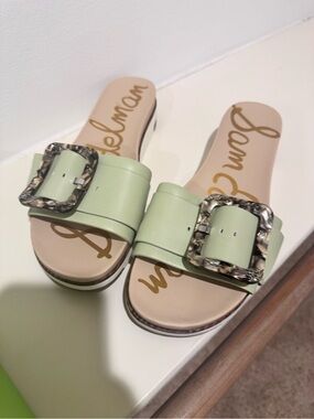 Sam Edelman Mint Green Slide Sandals with Tortoiseshell Buckle